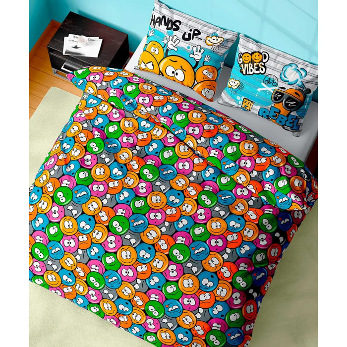 Parure Copripiumino Emoji per letto singolo in 100% Cotone e Made in Italy, faccine divertenti