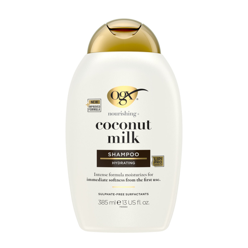 OGX Shampooing Nourrissant Lait de Coco, 385ml – Soin capillaire hydratant pour cheveux secs – Shampoing sans sulfate pour une