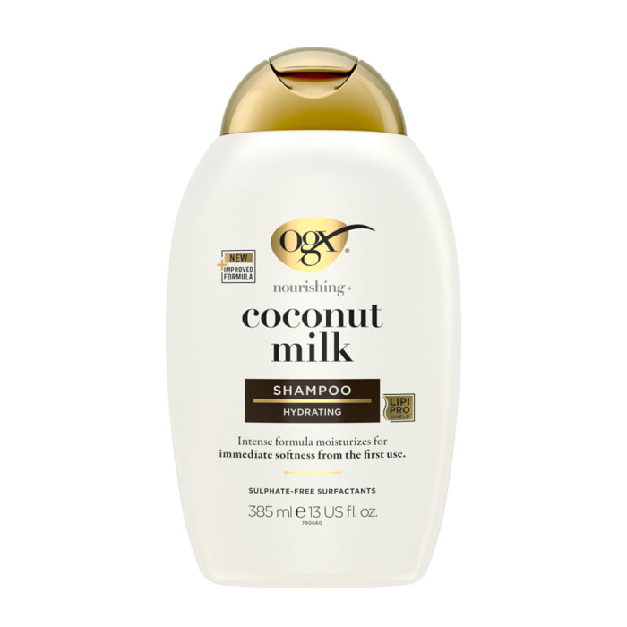 OGX Shampooing Nourrissant Lait de Coco, 385ml – Soin capillaire hydratant pour cheveux secs – Shampoing sans sulfate pour une