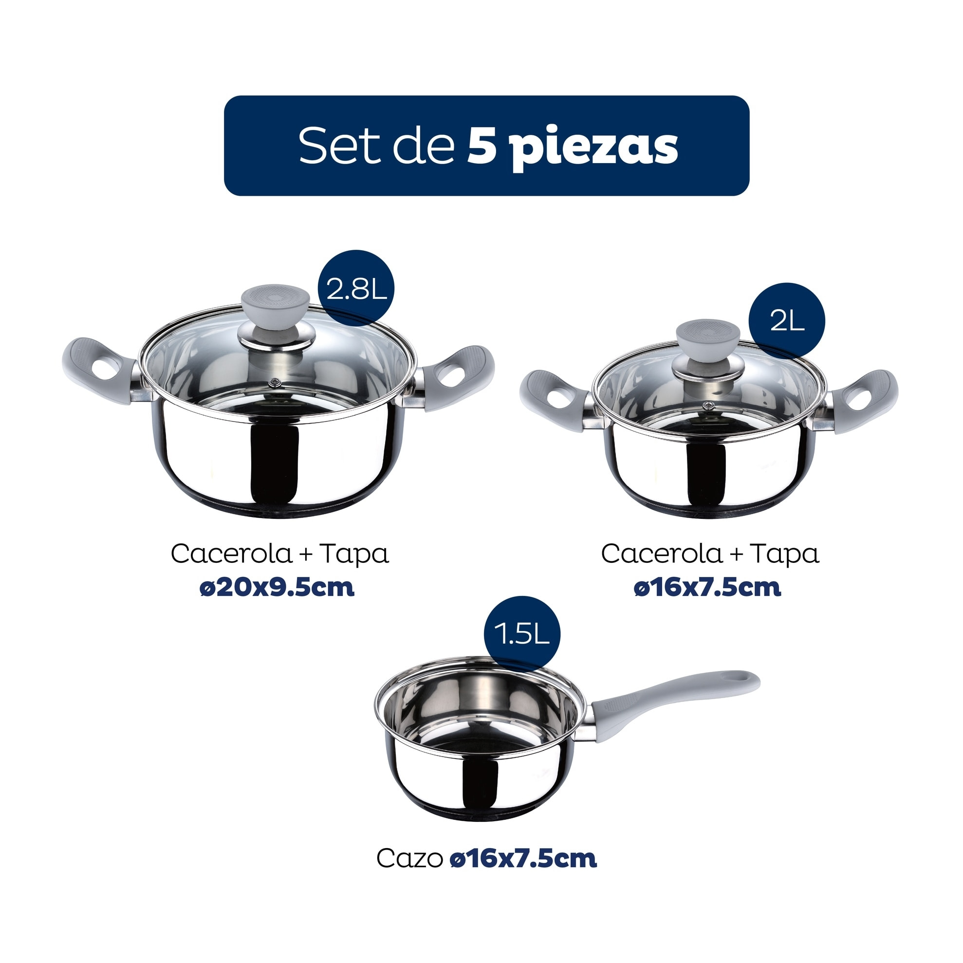 Set 5pc bateria cocina acero inox ind gris alexia