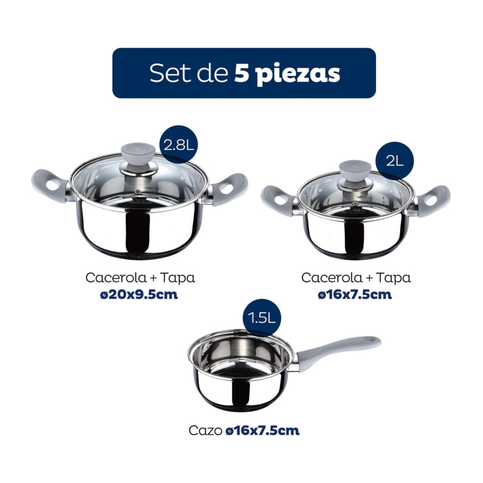 Set 5pc bateria cocina acero inox ind gris alexia