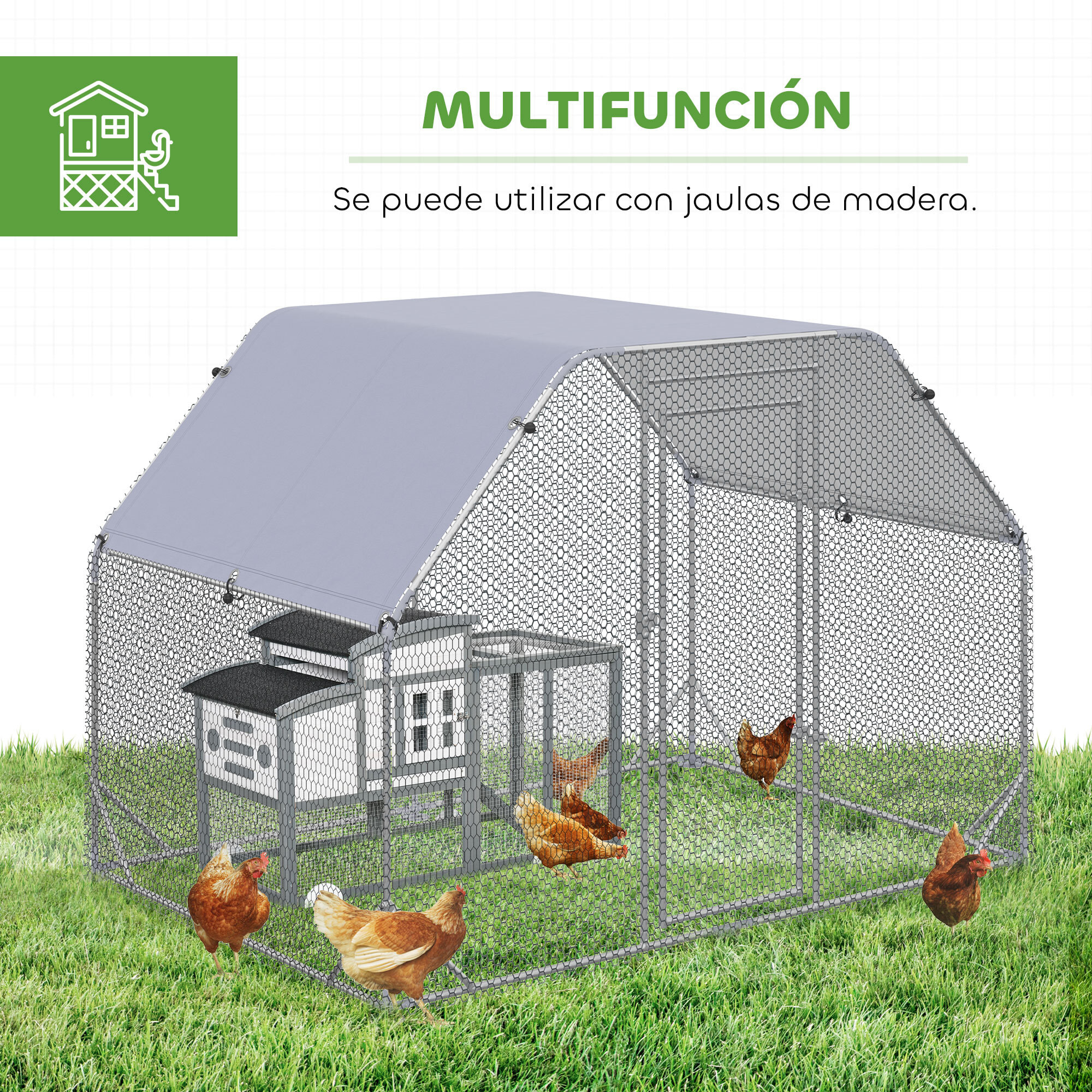 Gallinero para Exterior, 2,8x1,9x1,95 m, Gallinero de Acero Galvanizado, Cubierta de Tela Oxford, Anti-UV e Impermeable, Jaula para 4-6 Gallinas y Conejos, Plata