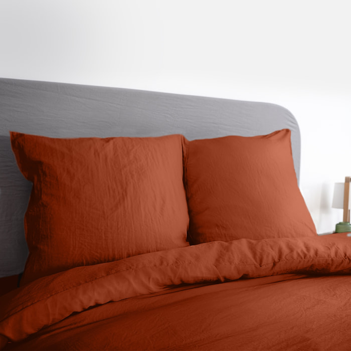 Parure de lit microfibre lavée 2 places terracotta LUNA