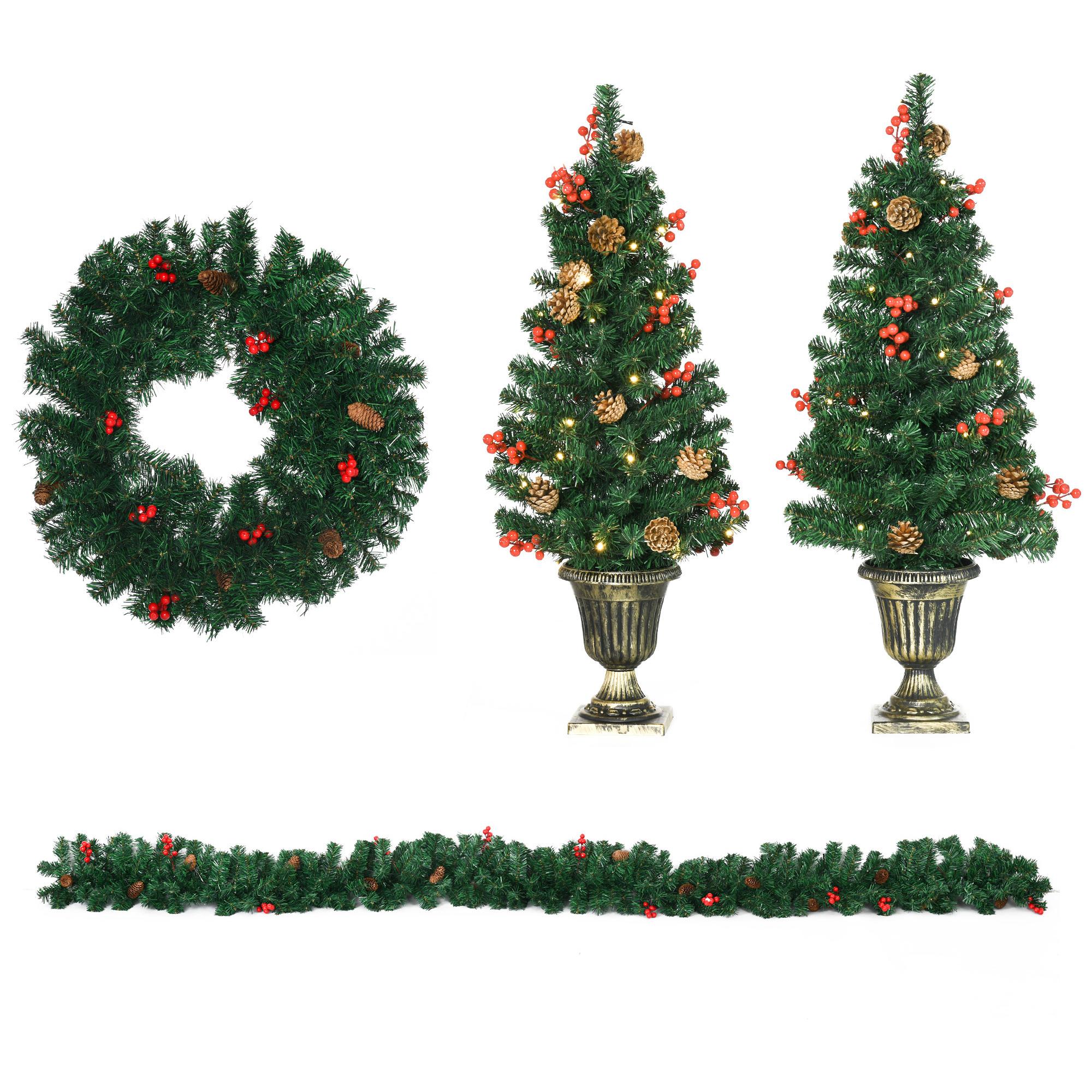 HOMCOM Conjunto de Árbol de Navidad de Entrada 4 Piezas Adornos Navideños con 2 Árboles de Navidad Guirnalda y Corona con Luces LED Blanco Cálido Bayas Rojas 40x40x90 cm Verde