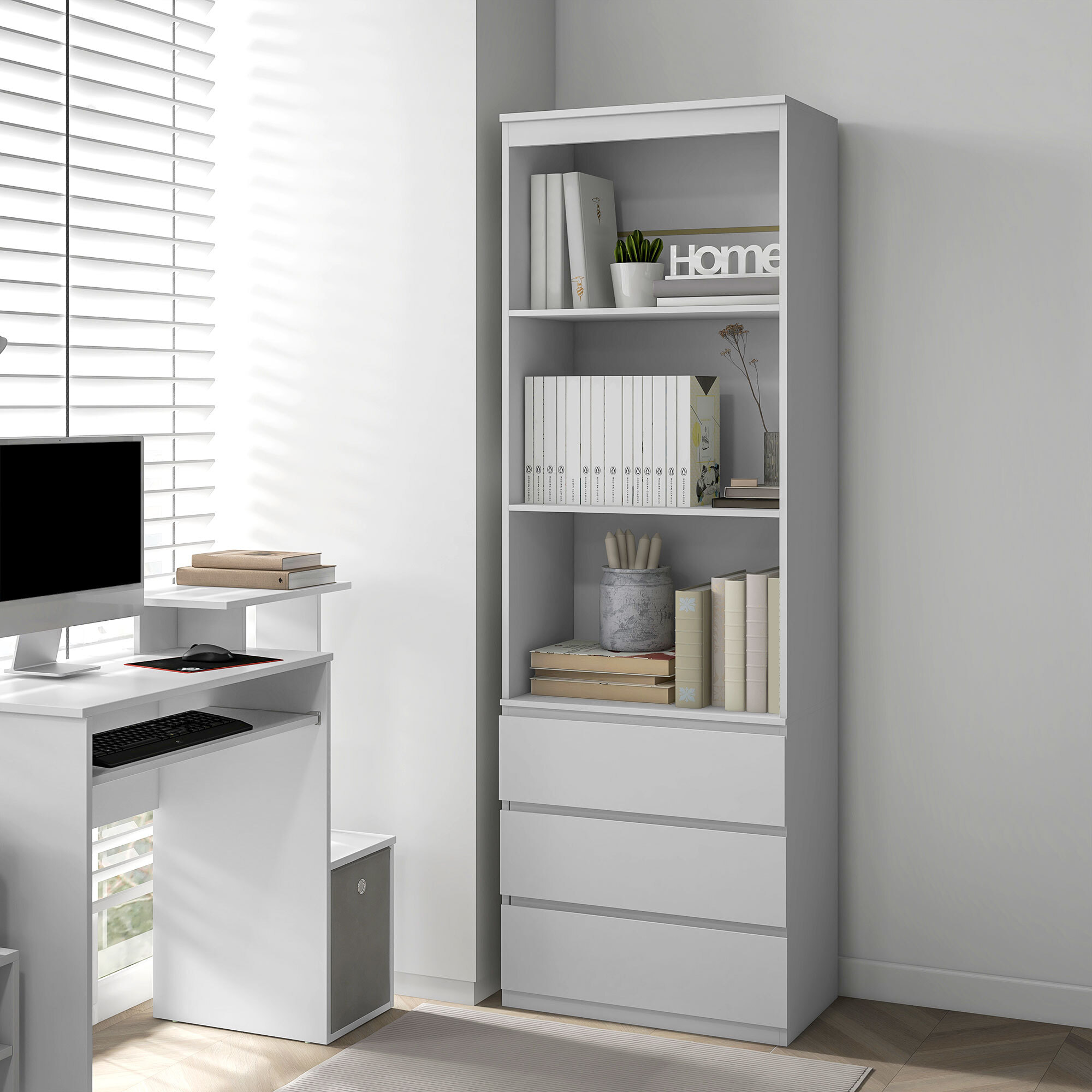 Bibliothèque 3 étagères 3 tiroirs - dim. 60L x 35l x 180H cm - panneaux aspect bois blanc