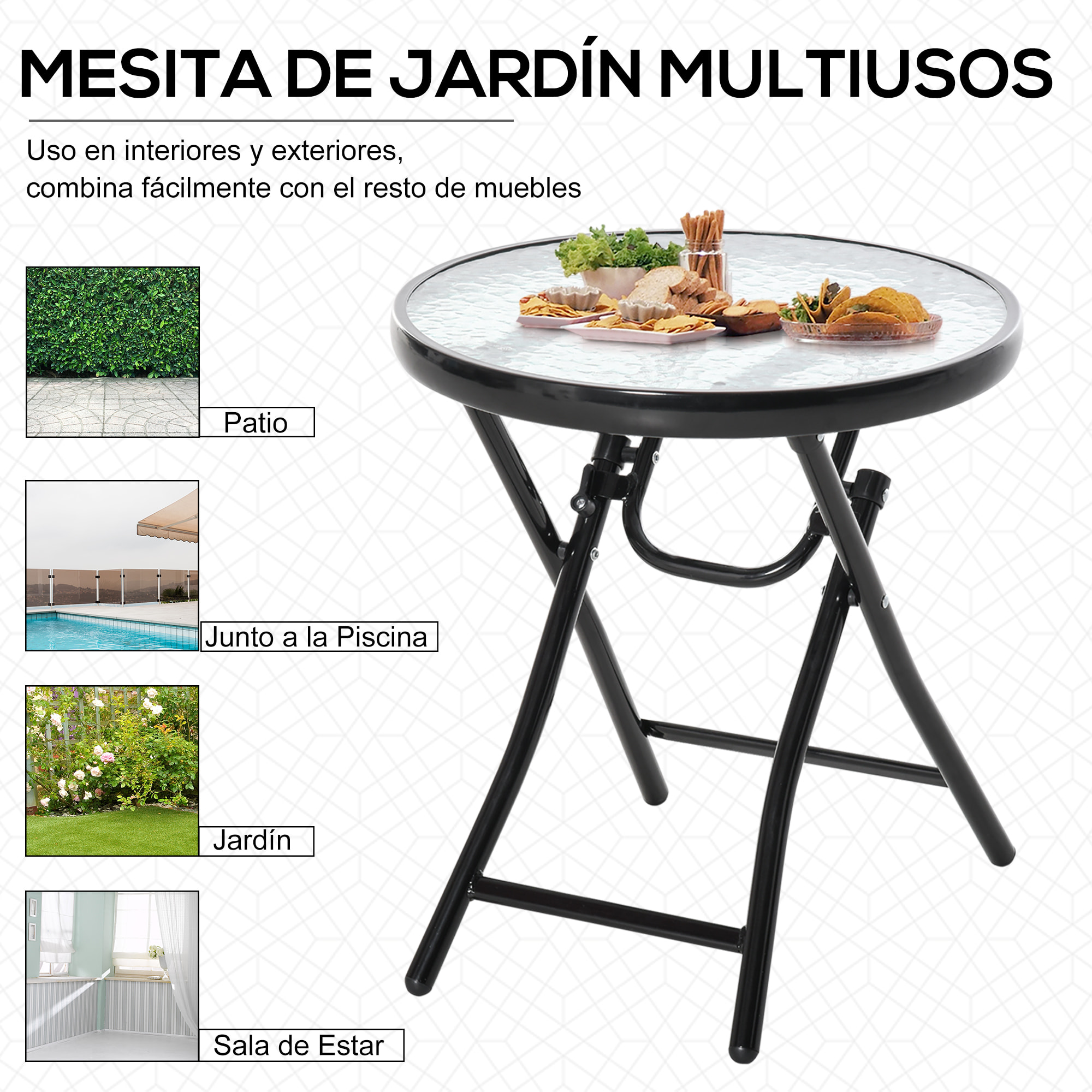 Mesa de Cristal Redonda Plegable con Hebilla de Seguridad Jardín Ø45 cm Negro