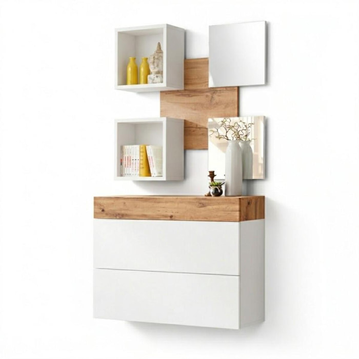 Mobile Ingresso Moderno Con 2 Specchi Vani A Giorno E Base Con Ante E Cassetto Design Elegante Salvaspazio 100 x 170 x 30 Cm Bianco E Rovere