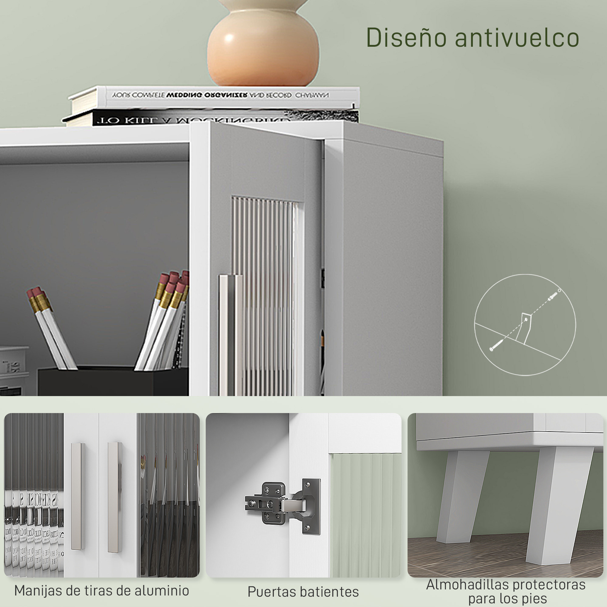 Aparador de 2 Puertas, Aparador de Salón con 2 Estantes, Puertas Transparentes, para Cocina, Entrada, Dormitorio, Blanco, 61x35x75 cm