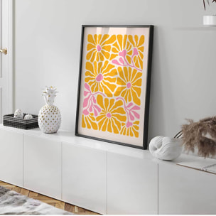 Affiche encadrée fleurs jaunes et roses stylisées Affiche + cadre en métal - Noir