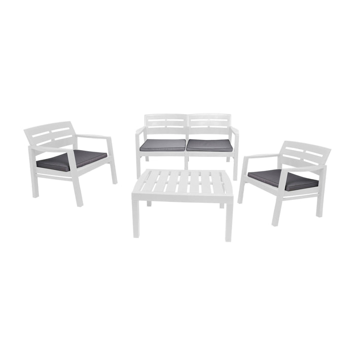 Set salotto da esterno Arti, Composizione da giardino con 2 poltrone, 1 divano ed 1 tavolino, Salottino indoor e outdoor con cuscini, 100% Made in Italy, Bianco