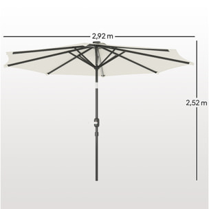 Sombrilla Terraza Exterior con Luces LED Solares Ø292x252 cm Sombrilla de Jardín con Inclinación Ajustable hasta 45° Impermeable y Manivela Parasol para Patio Piscina sin Base Crema