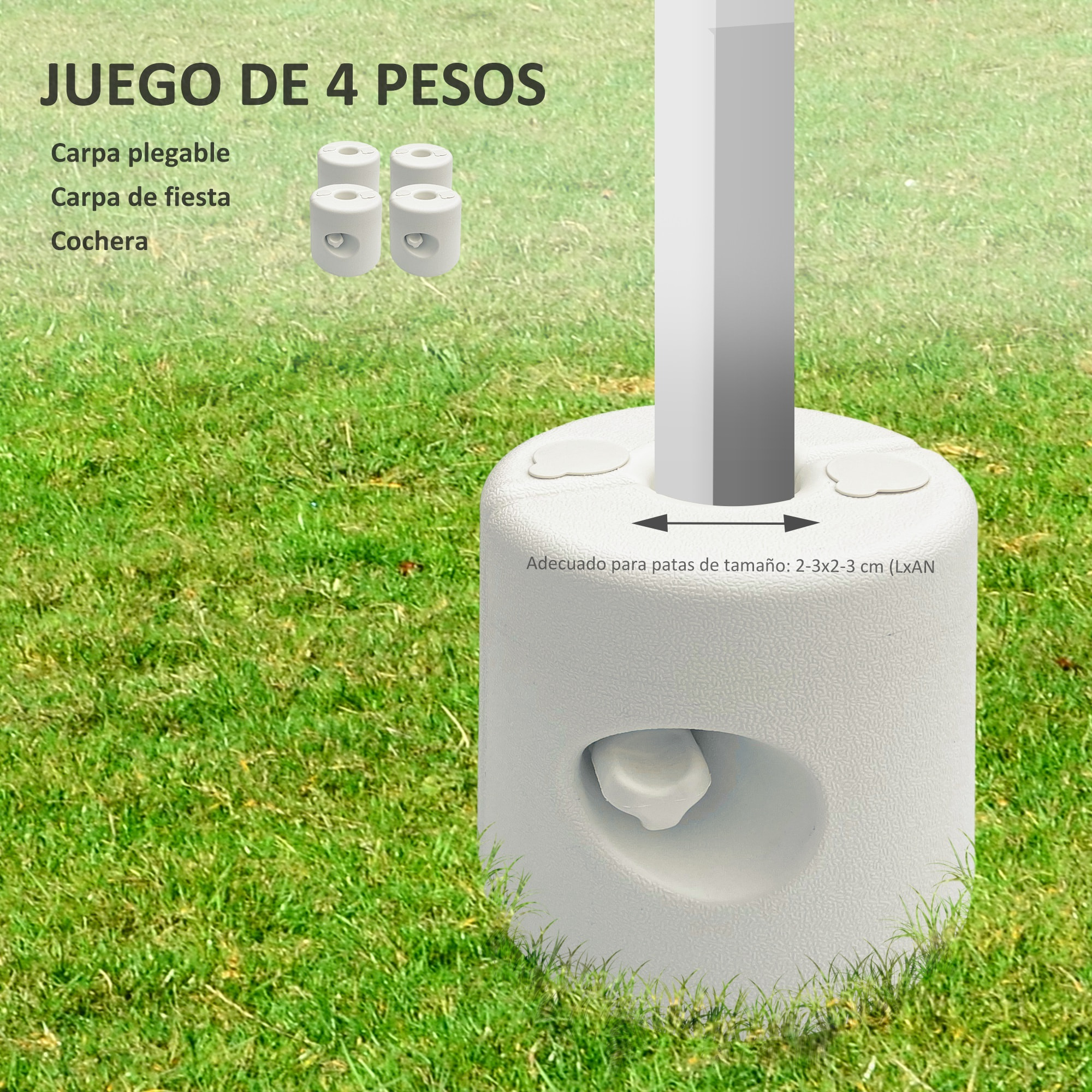 Pack de 4 Pesos para Carpas Plegables Soportes Rellenables con 9,5 kg de Agua o 12 kg de Arena Pesos para Cenador con Perillas de Fijación Ø24x25,5 cm Blanco