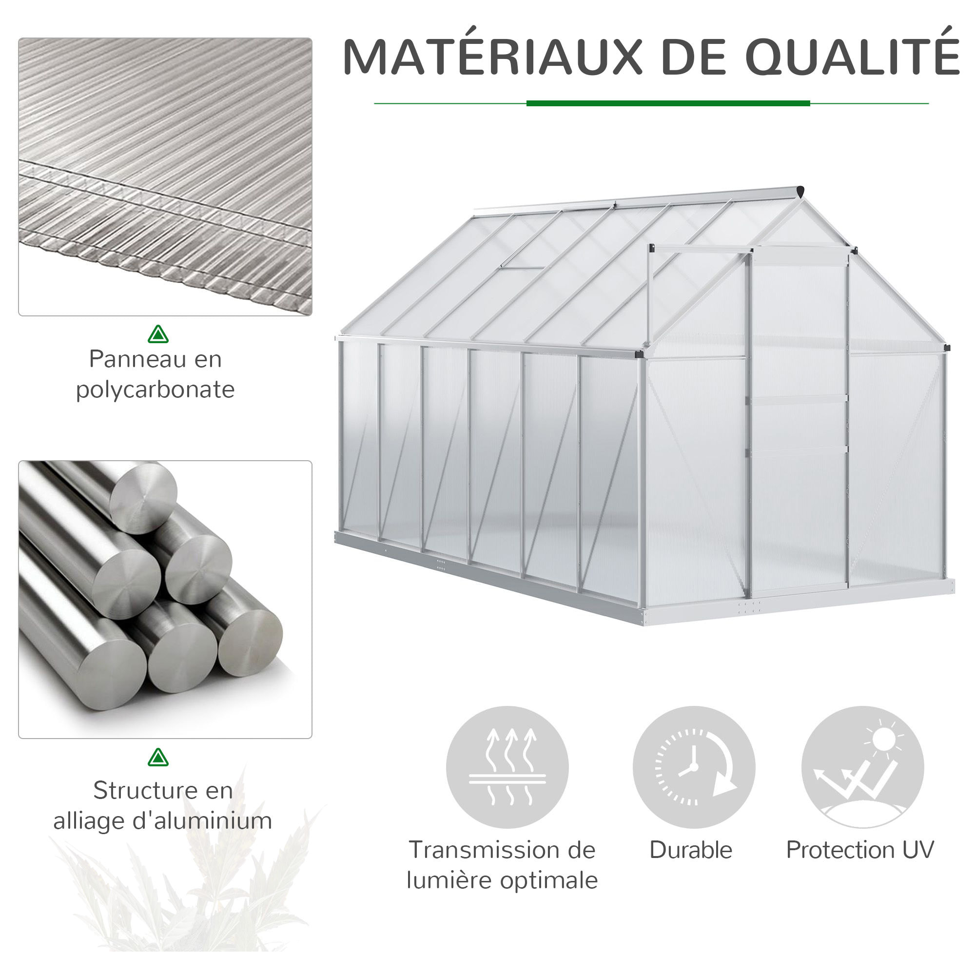 Serre de jardin aluminium polycarbonate 7,12 m² dim. 3,75L x 1,9l x 2H m lucarne réglable fondation porte coulissante