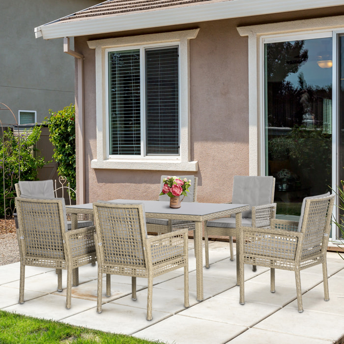 Conjunto de Muebles de Comedor para Jardín 7 Piezas 1 Mesa de Vidrio y 6 Sillas de Ratán con Respaldo Transpirable y Cojines Acolchados para Terraza Exterior Gris y Natural