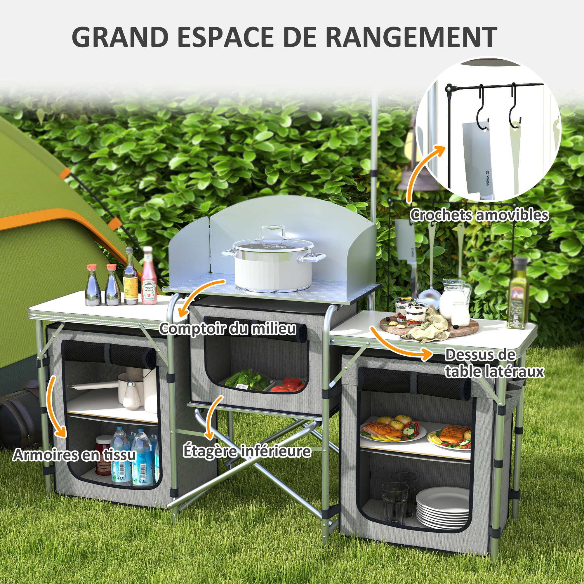 Meuble de cuisine camping multi-rangement pliable sac de transport inclus gris