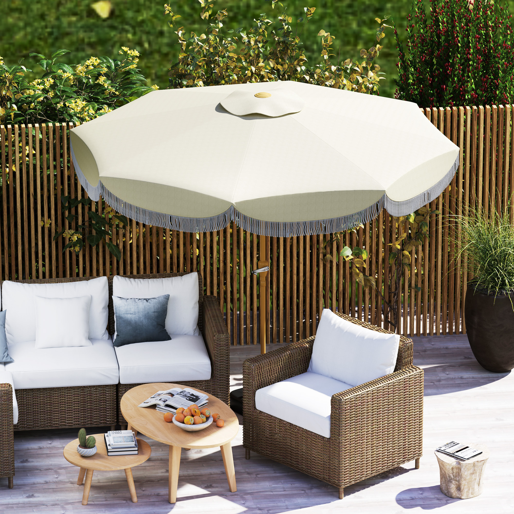 Parasol de jardin extérieur parasol inclinable rond Ø2,7 x 2,4 m parasol droit avec ouverture fermeture manivelle, franges, toile 180 g/m² protection UPF 30+, pour balcon, terrasse, bleu