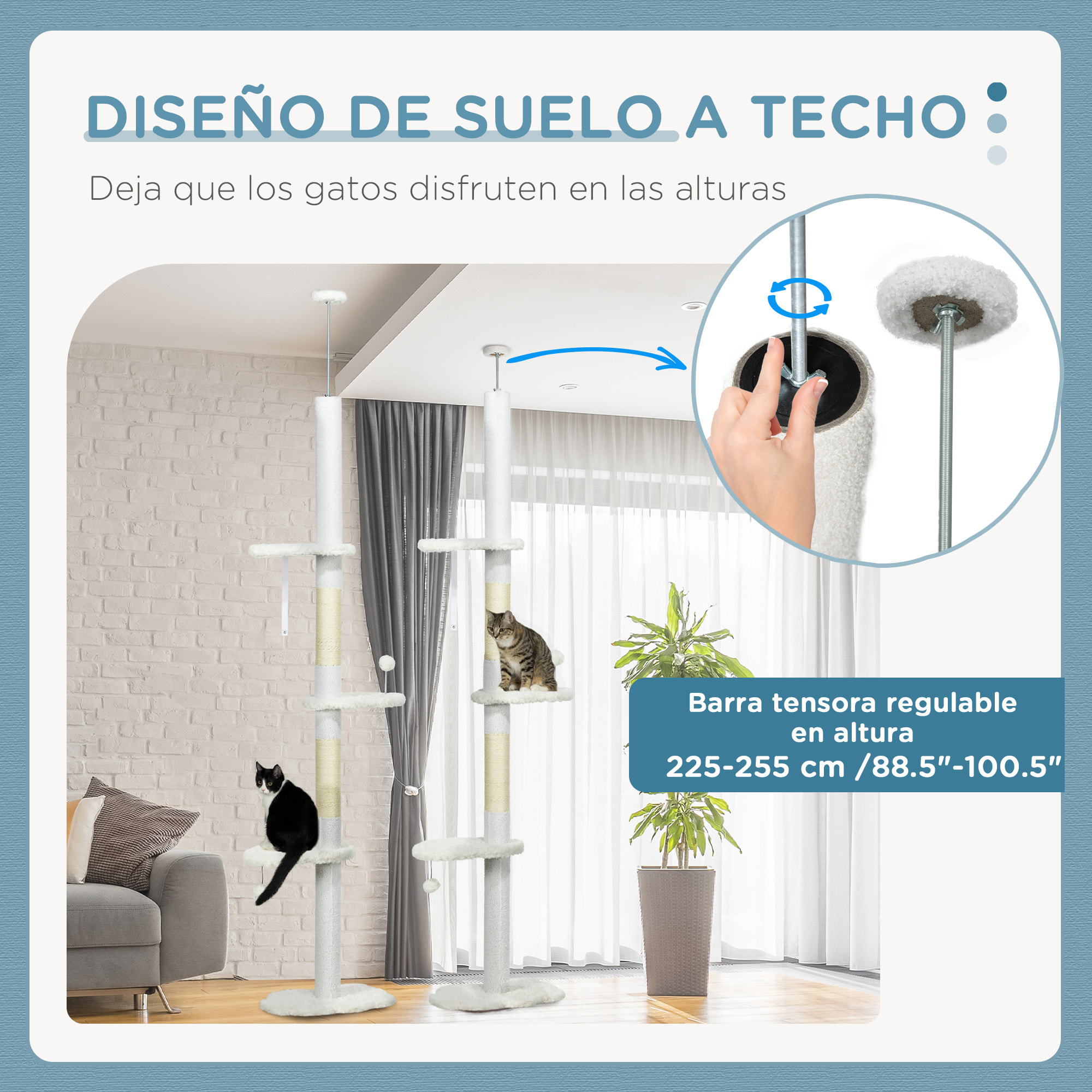 Árbol para Gatos de Suelo a Techo de 225-255 cm Torre para Gatos de Suelo a Techo Ajustable en Altura con 3 Plataforma de Forma de Nube Postes Rascadores y 2 Bolas 48x32x225-255 cm Blanco