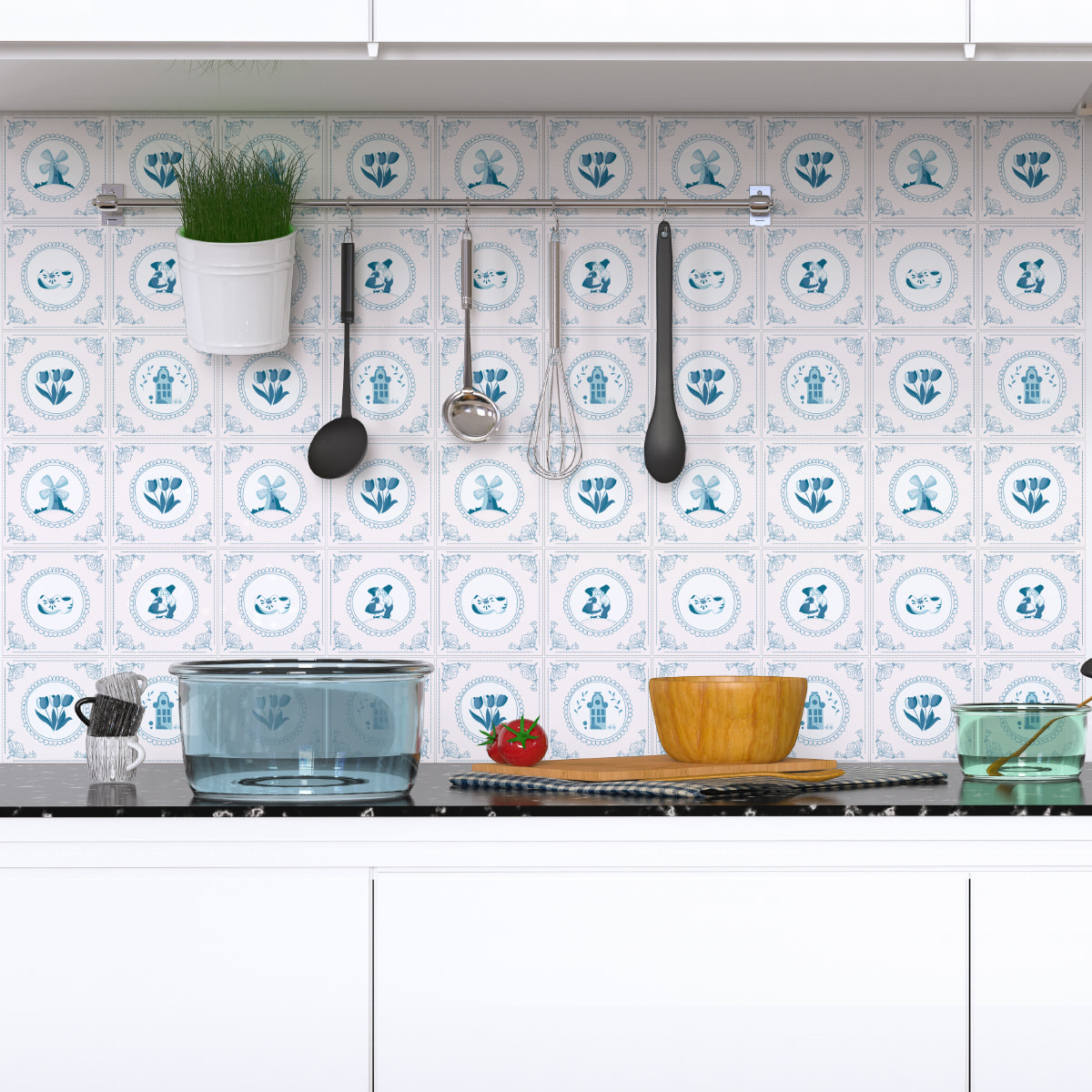 Stickers muraux - Sticker Mural Carrelage adhésif Cuisine Salle de Bain - 60 STICKERS CARRELAGES DELFT BERLIN