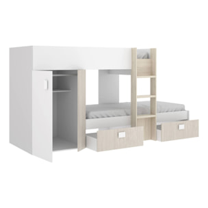 Letto per bambini Cevedale, Cameretta completa con armadio e cassetti, Composizione letto a castello con due lettini singoli, 271x111h150 cm, Bianco e Rovere