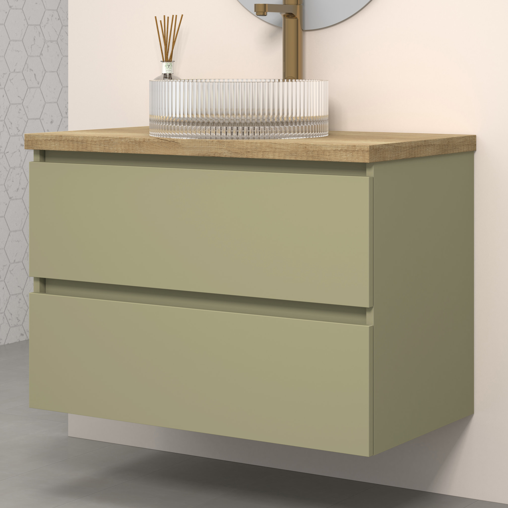 Conjunto de Baño Kub | 80 cm Verde Cactus | Dos Cajones | Lavabo de Cristal | No incluye Espejo | Mueble Montado | Alday
