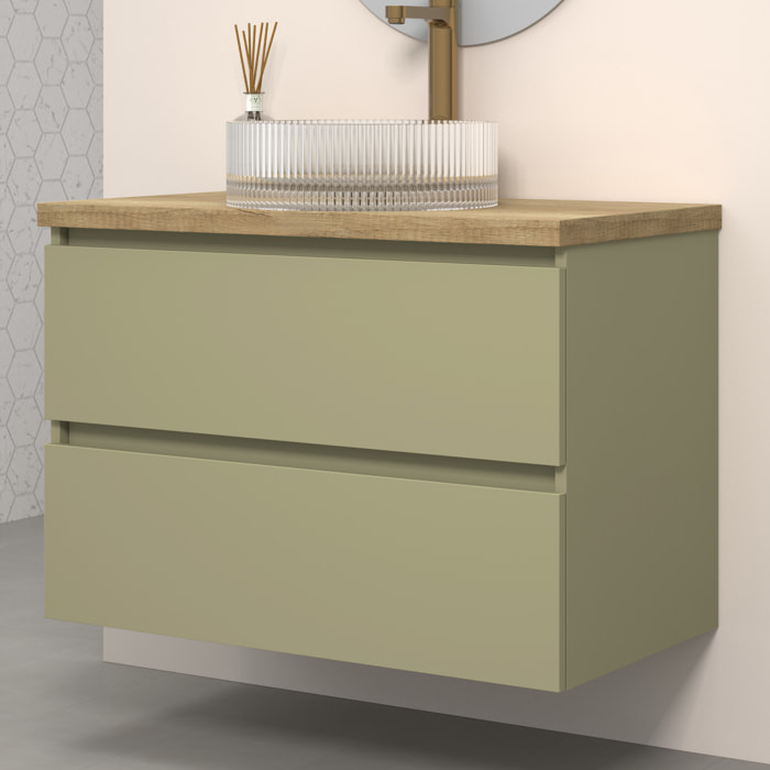 Conjunto de Baño Kub | 80 cm Verde Cactus | Dos Cajones | Lavabo de Cristal | No incluye Espejo | Mueble Montado | Alday