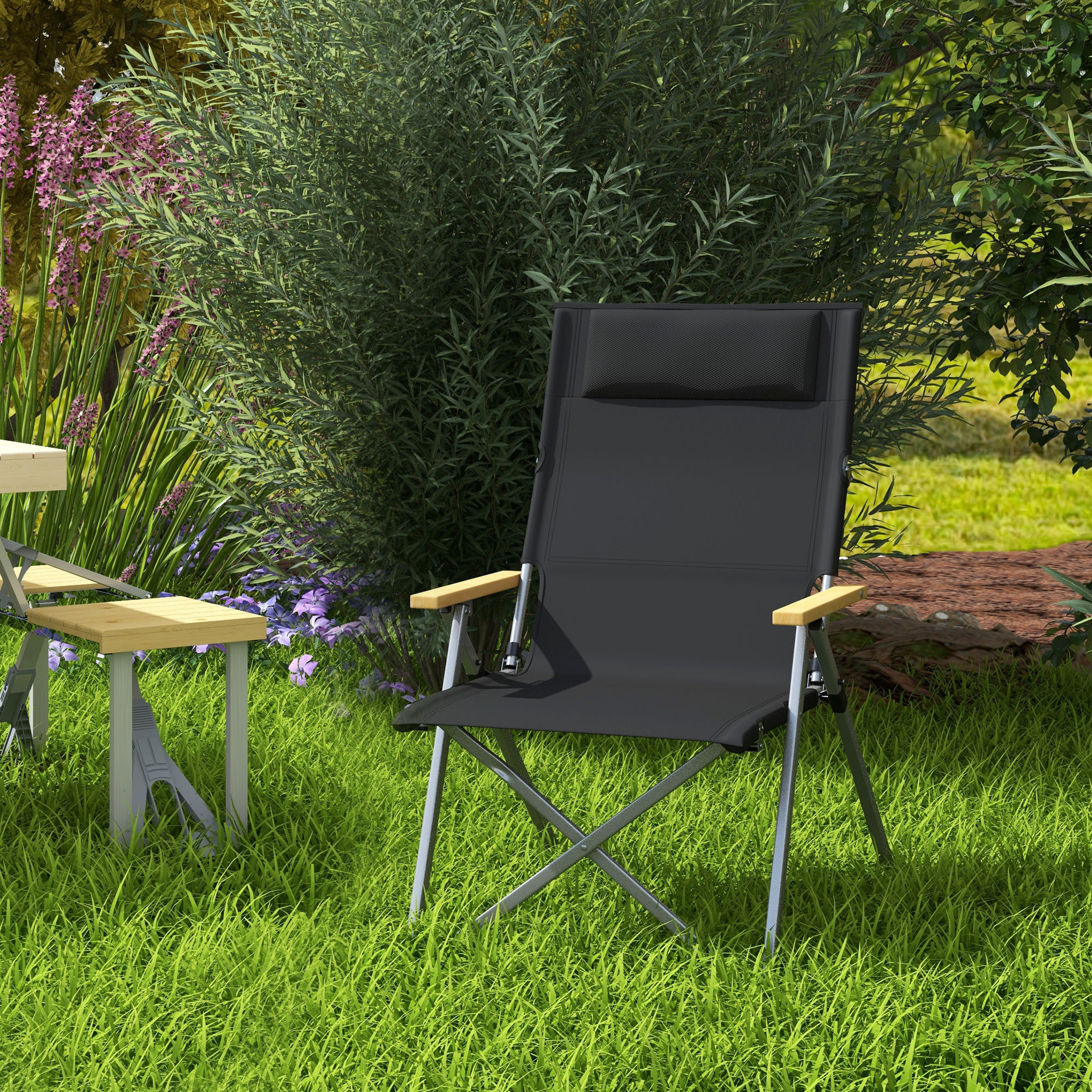 Silla de Camping Plegable de Aluminio con Respaldo Ajustable Reposabrazos de Madera Silla de Jardín Portátil con Bolsa de Transporte para Exterior Piscina Playa 74x59,5x98 cm Negro