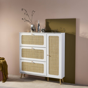 Meuble à chaussure cannage Bohème blanc. 3 tiroirs. 1 porte. 21 paires. 120 x 24 x 125 cm