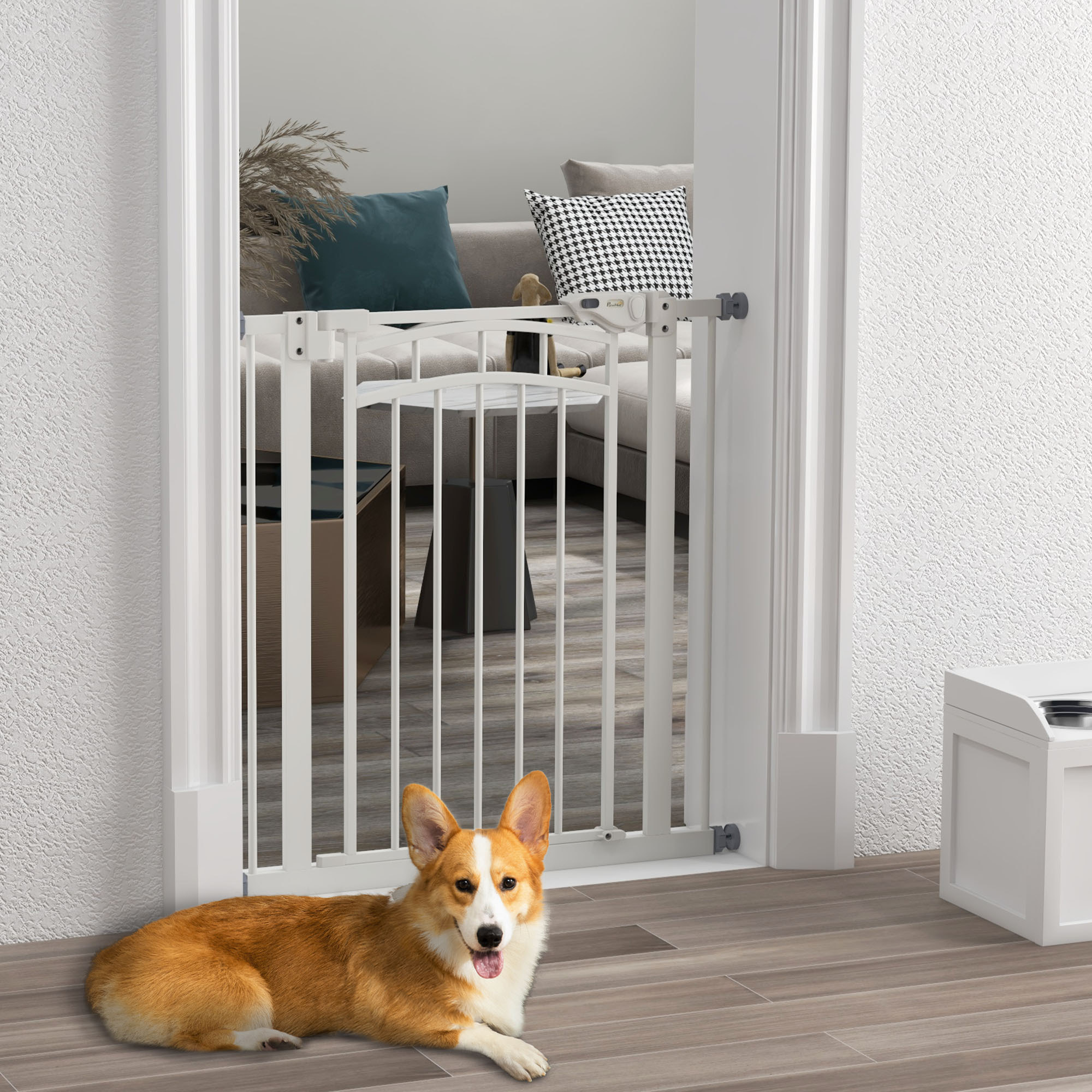 Barrière de sécurité pour chien extensible 74-80 cm, double verrouillage, fermeture automatique, barrière d'escalier à fixation par pression sans percer, hauteur 76 cm, blanc