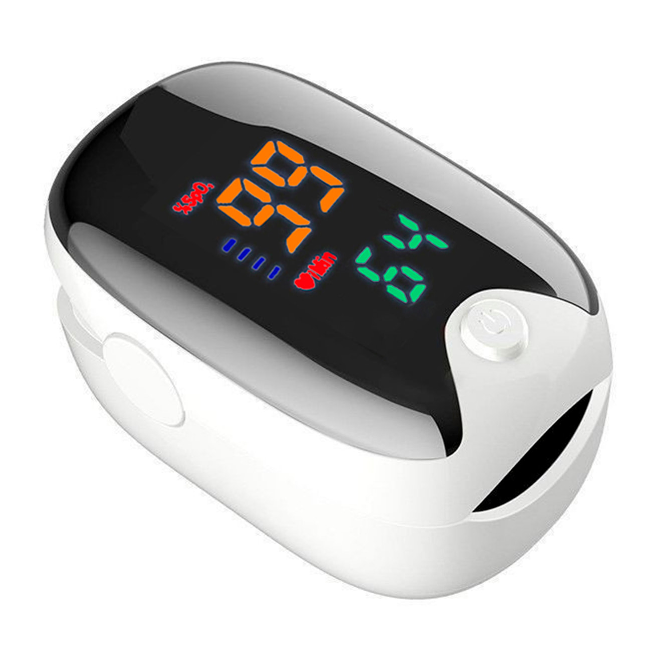 Pulsossimetro digitale con monitoraggio della frequenza cardiaca e dell'ossigeno nel sangue.