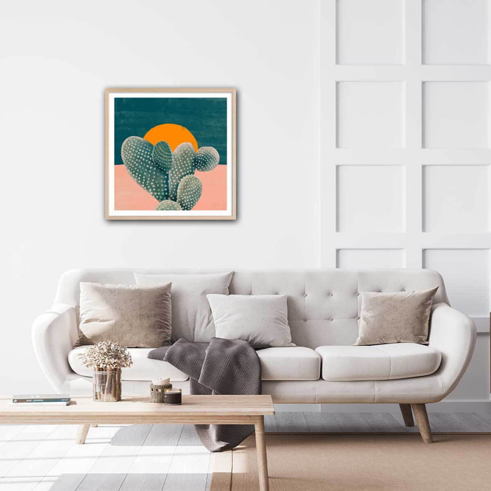 Affiche illustration cactus et soleil orange Affiche sous cadre bois