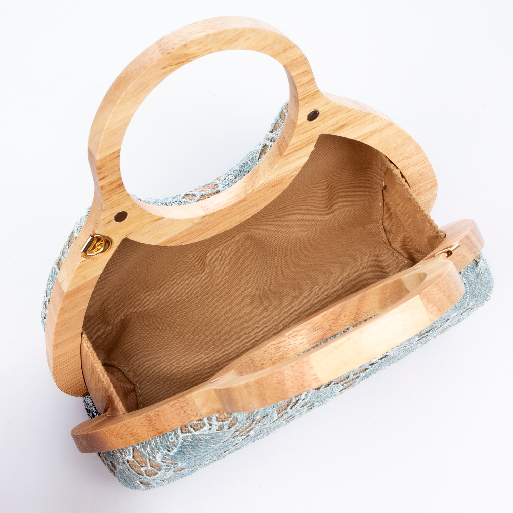 Avisio borsa a mano realizzata in legno naturale, cotone e juta con design a rete floreale