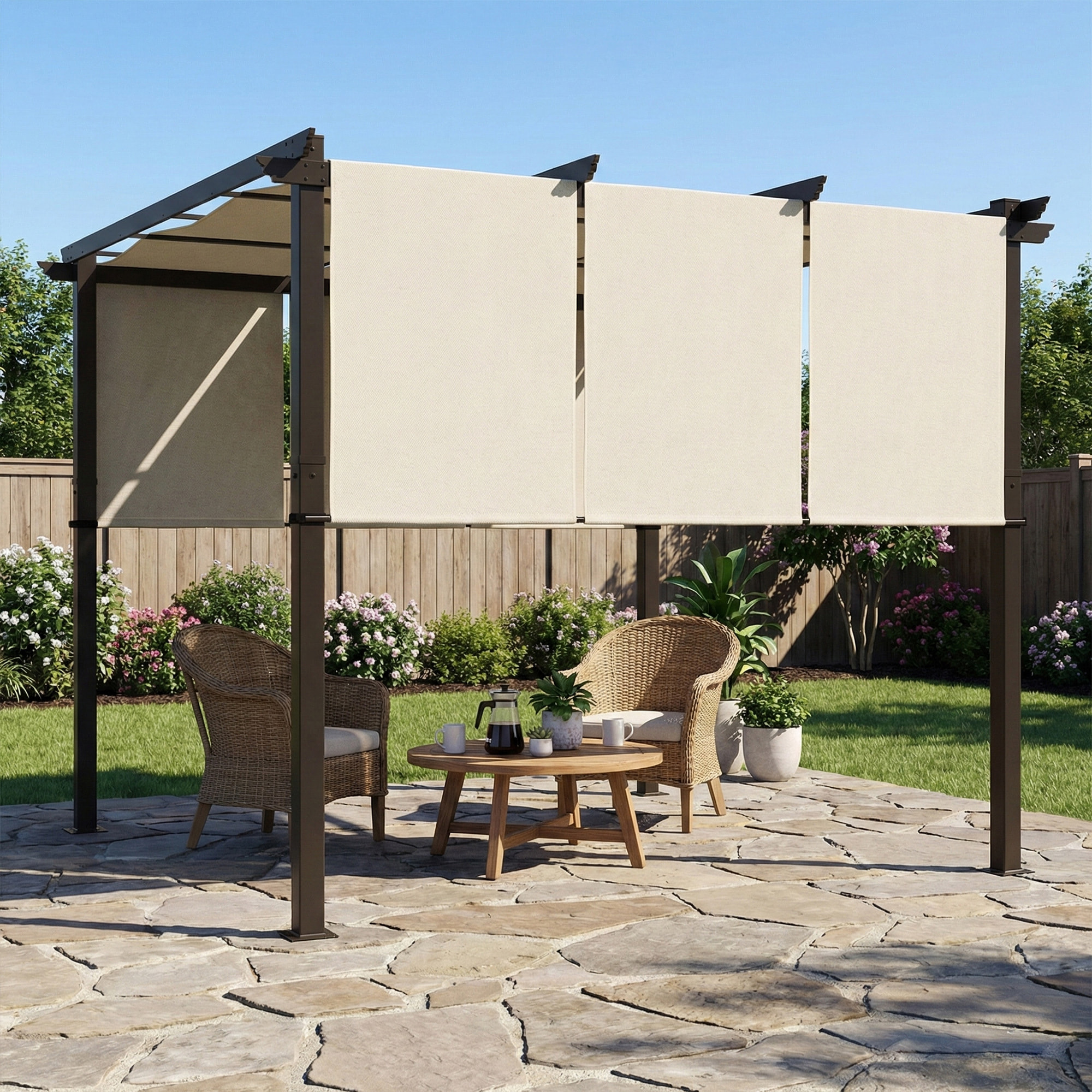 Pergola 3 toiles coulissantes - dim. 2,97L x 2,97l x 2,38H m - acier époxy polyester haute densité beige