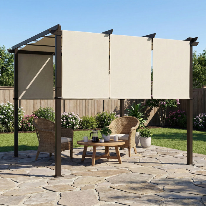 Pergola 3 toiles coulissantes - dim. 2,97L x 2,97l x 2,38H m - acier époxy polyester haute densité beige