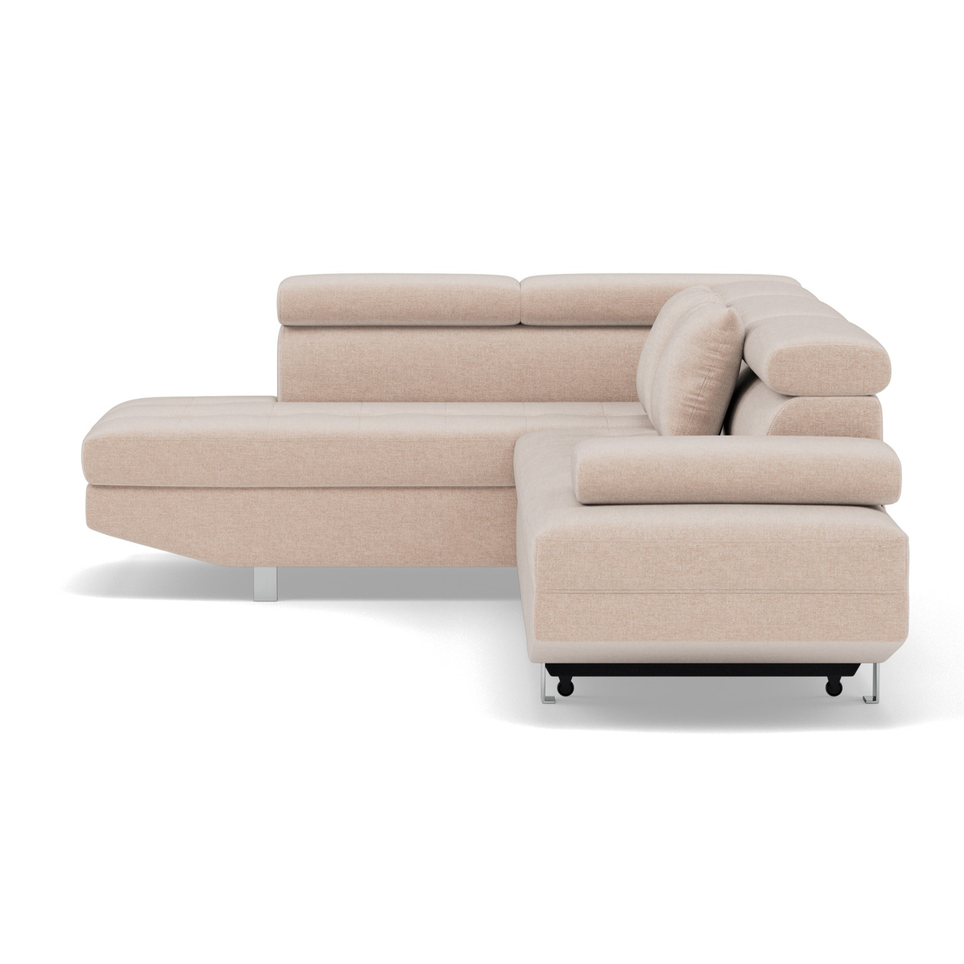 Margaux - Canapé d'angle gauche 5 places convertible avec coffre et têtières réglables en velours texturé - Beige