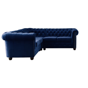 William - canapé Chesterfield d'angle réversible - 5 places - en velours - Bleu nuit