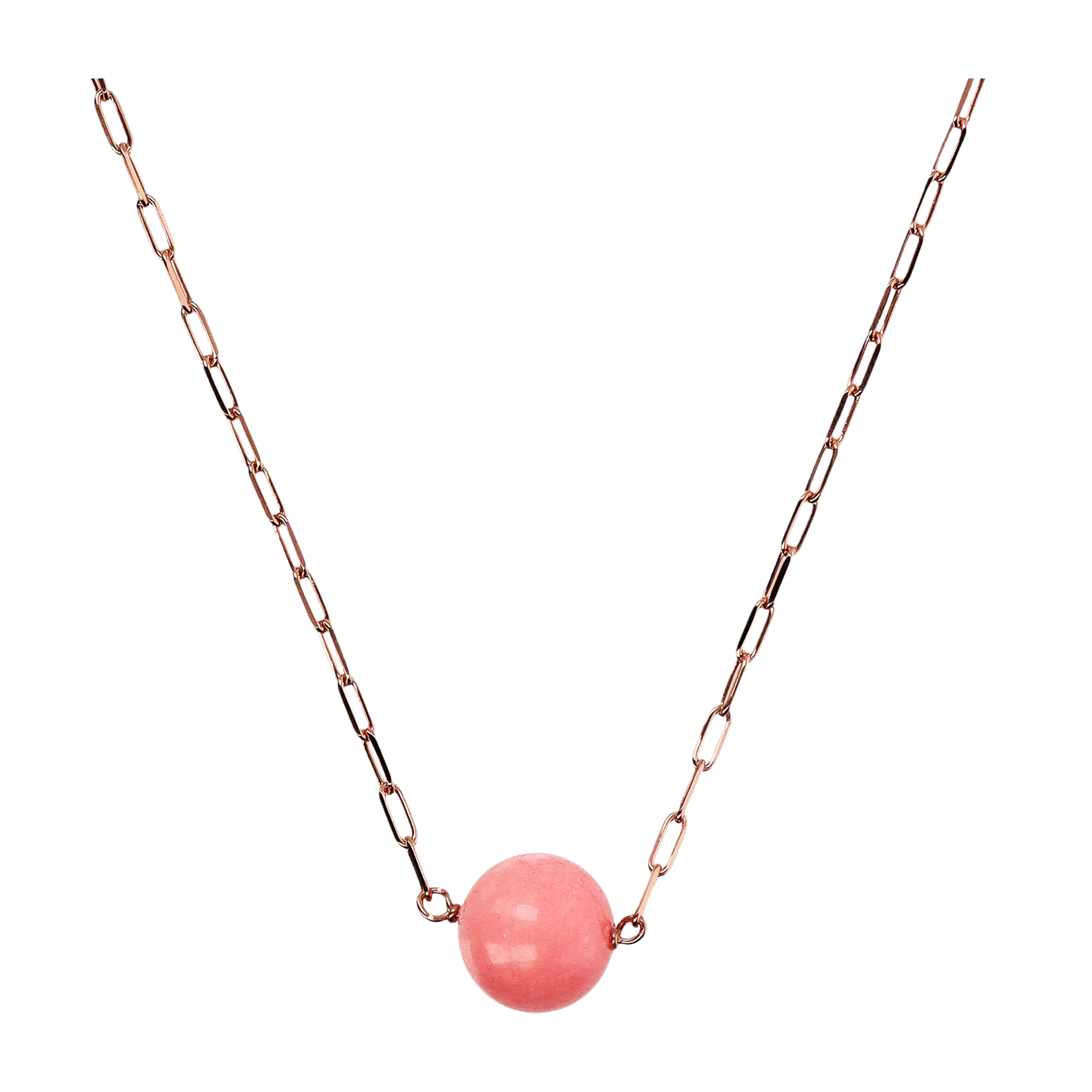 Collana Catena Forzatina con Pendente Sferico in Pietra Naturale Quarzite Rosa in Argento 925 placcato Oro rosa 18Kt