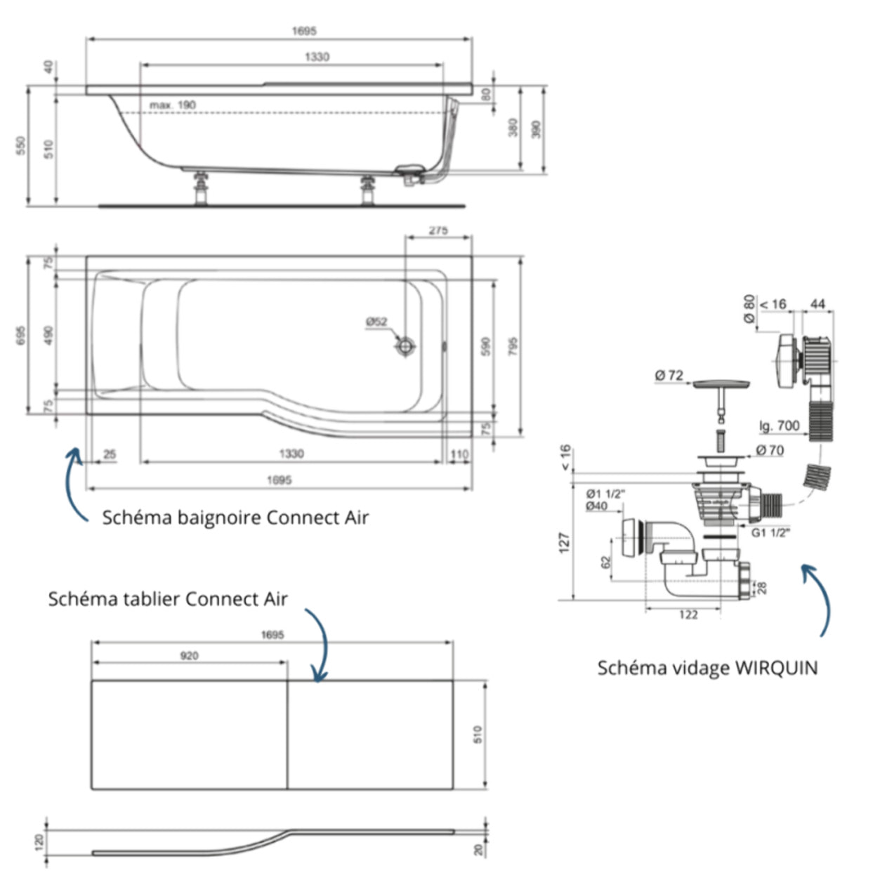 Baignoire bain douche 170 x 80 cm droite Connect Air + tablier + vidage Blanc