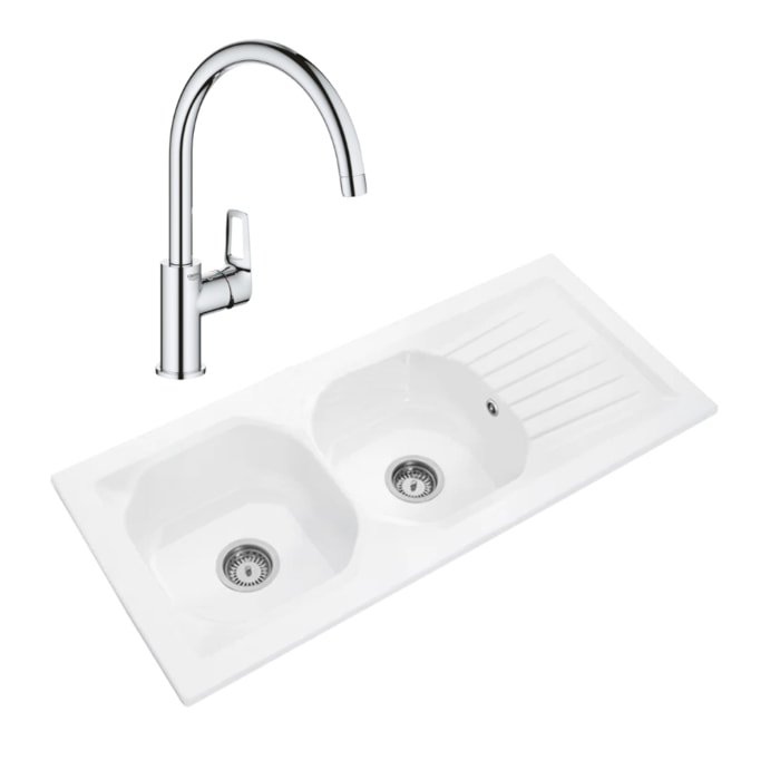 Evier Nestor Plus + Mitigeur cuisine bec haut GROHE Bauloop