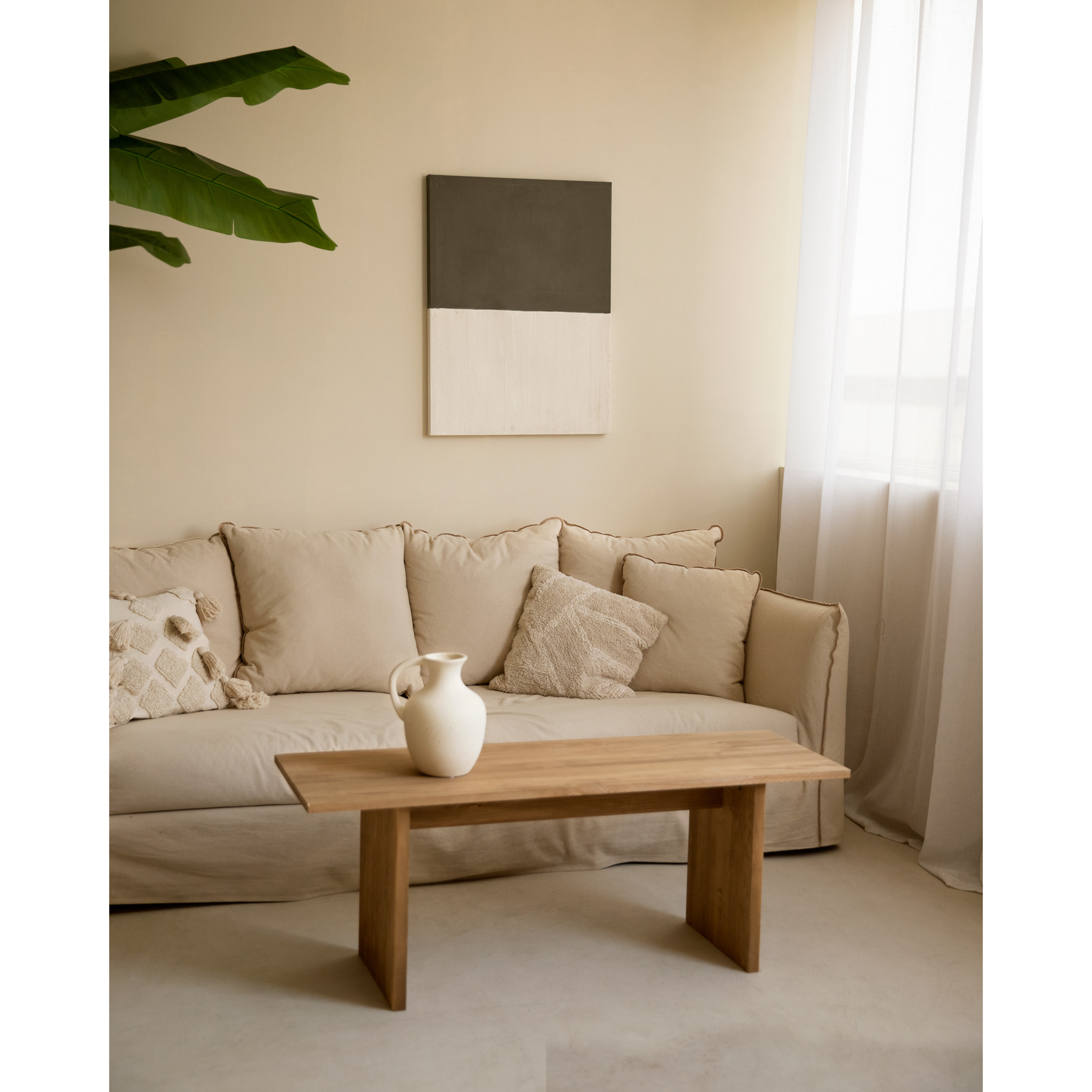 Tableau marron et blanc décoratif sur coton avec cadre en bois peint à la main à la peinture à l'huile en différentes tailles
