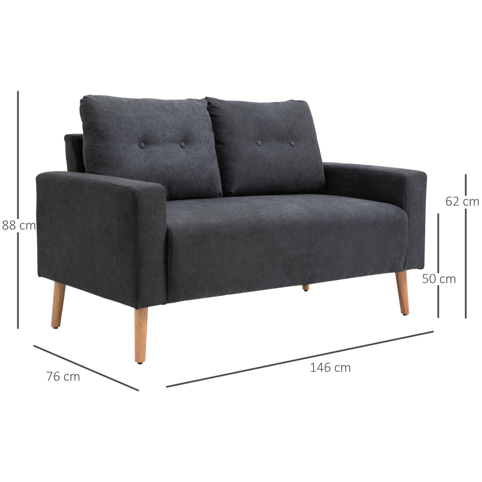 Canapé 2 places design scandinave dim. 145L x 76l x 88H cm pieds bois massif tissu gris foncé