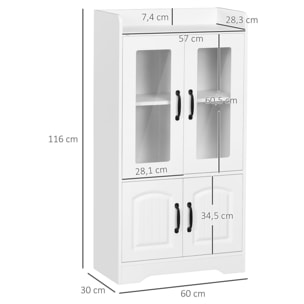 Vitrina de Salón Estantería Librería con Puertas de Vidrio Estante Ajustable y Bisagras de Cierre Suave para Estudio Oficina Dormitorio 60x30x116 cm Blanco