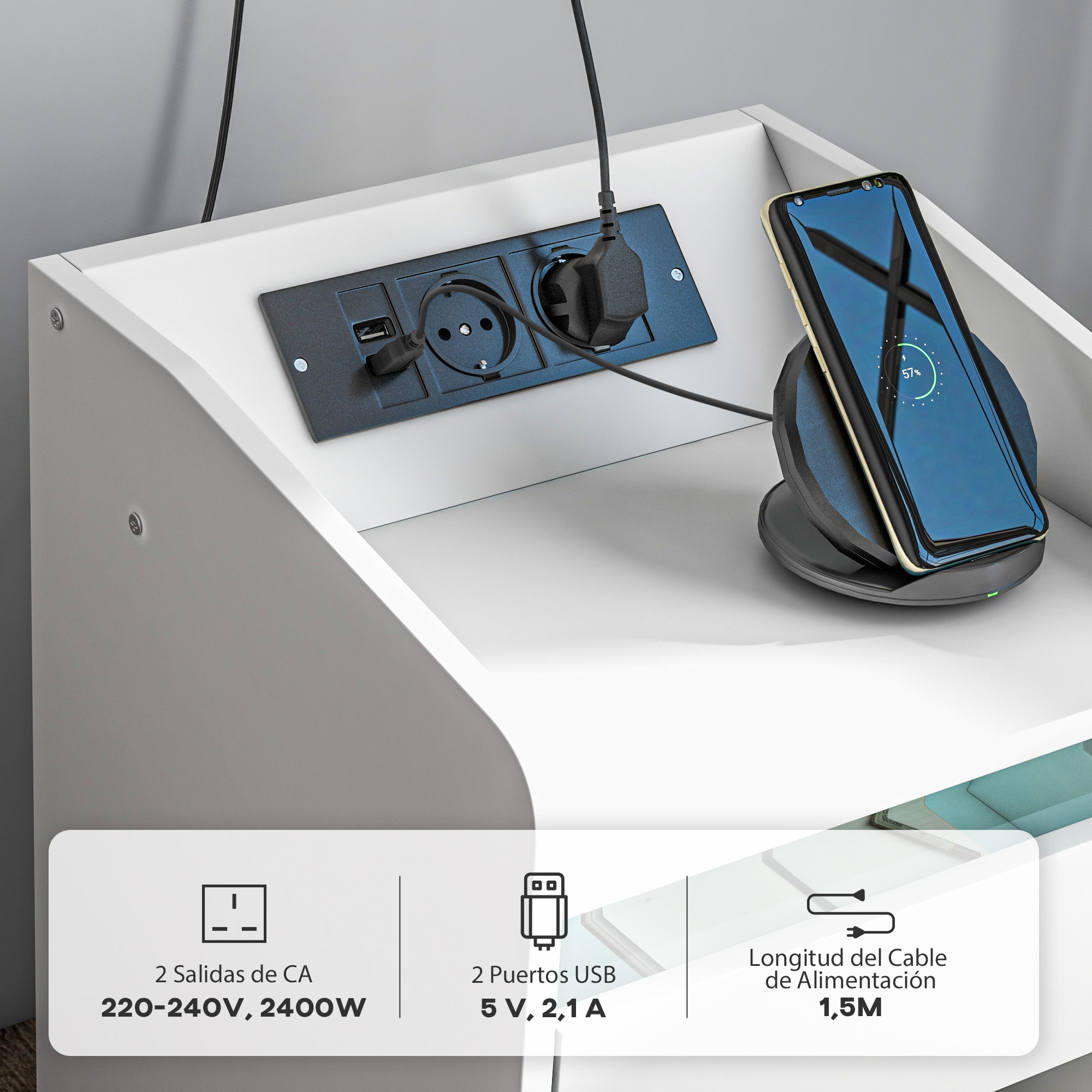 Mesita de Noche Mesilla de Noche con Luces LED Mesa de Noche con Cajón Estante Estación de Carga Puertos USB y Control Remoto 40x40x58 cm Blanco