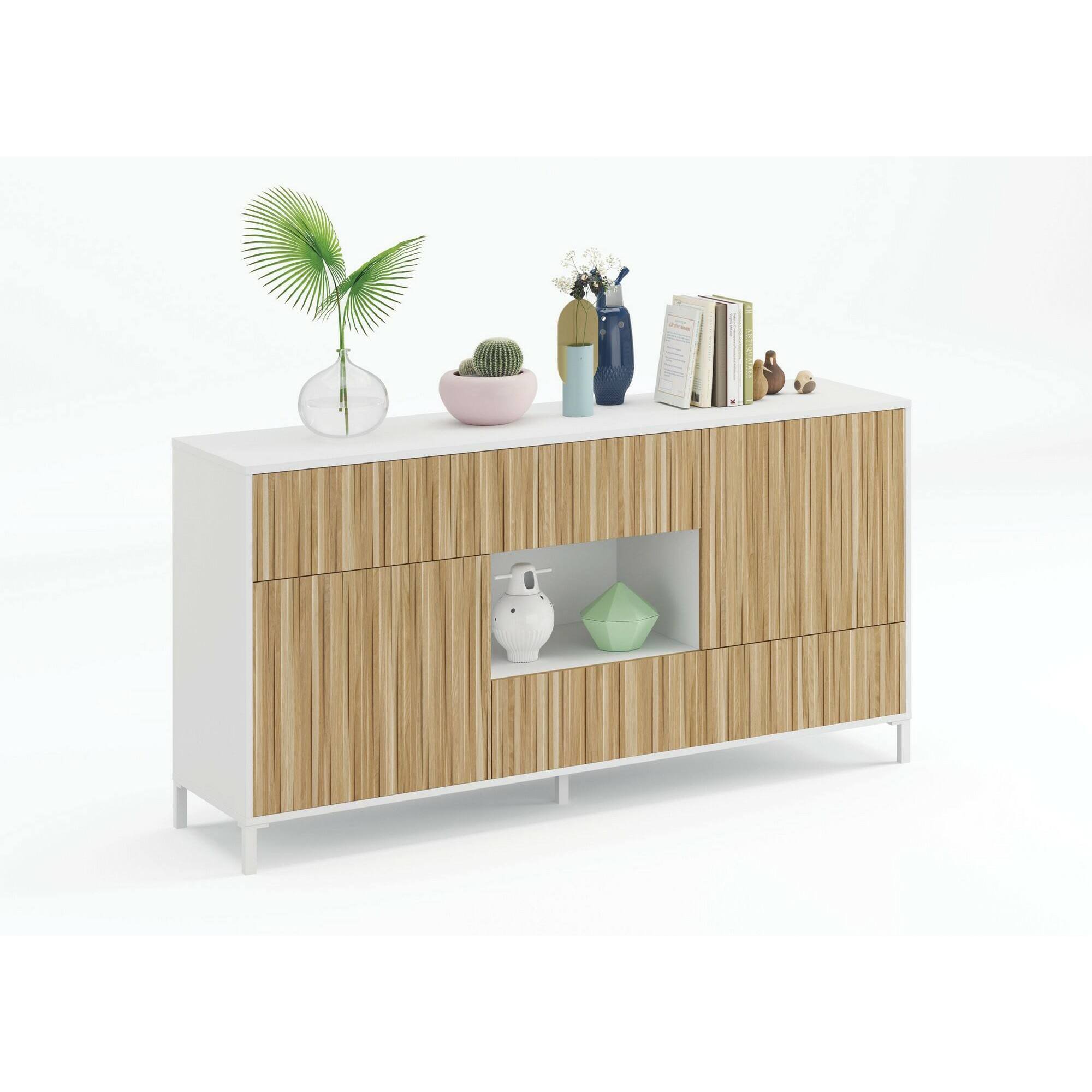 Credenza Wheaton, Buffet da soggiorno a 2 ante e 2 cassetti, Madia da salotto, Credenza moderna, 151x41h80 cm, Rovere e Bianco lucido