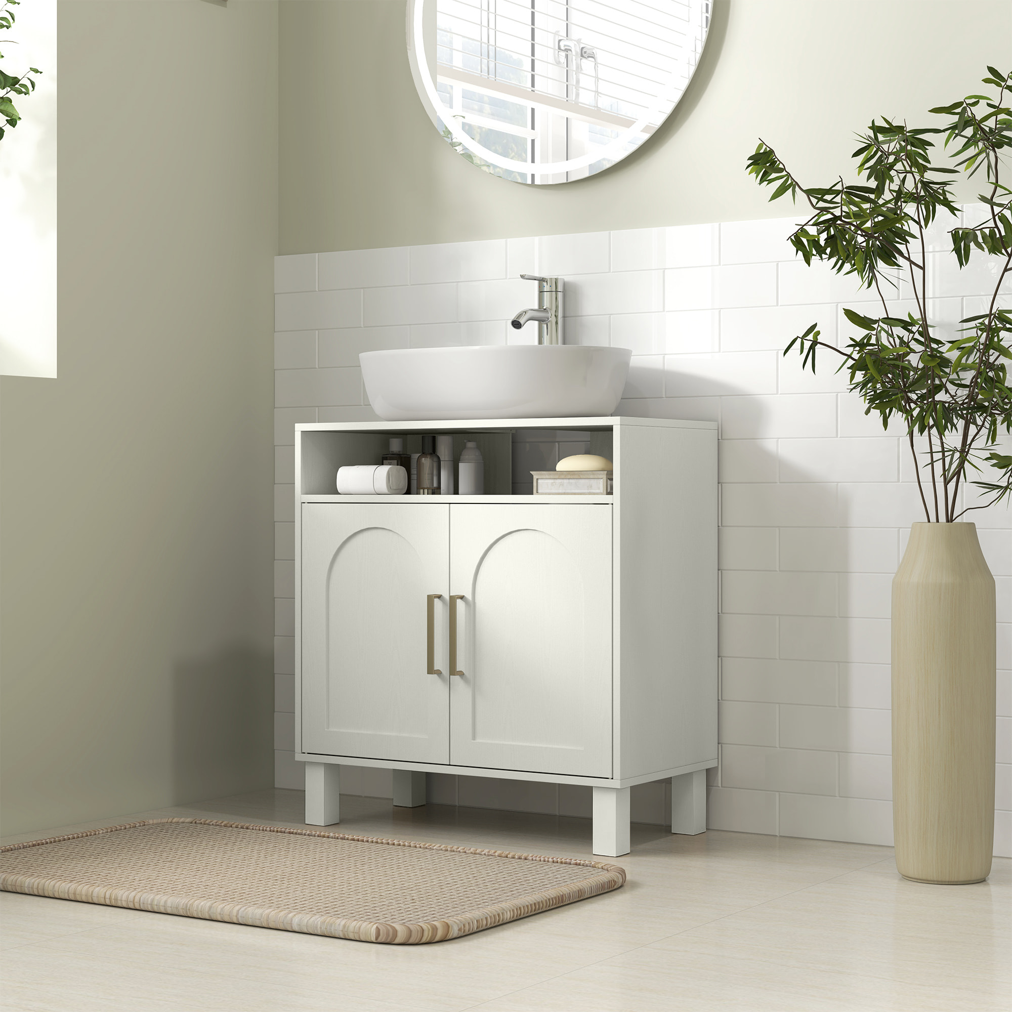 Mueble Bajo Lavabo, Mueble de Baño con Estante Ajustable para Lavabos sin Pedestal, 60x30x63 cm, Blanco Crema