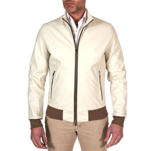 Giubbotto bomber in pelle color crema con profili a contrasto fango