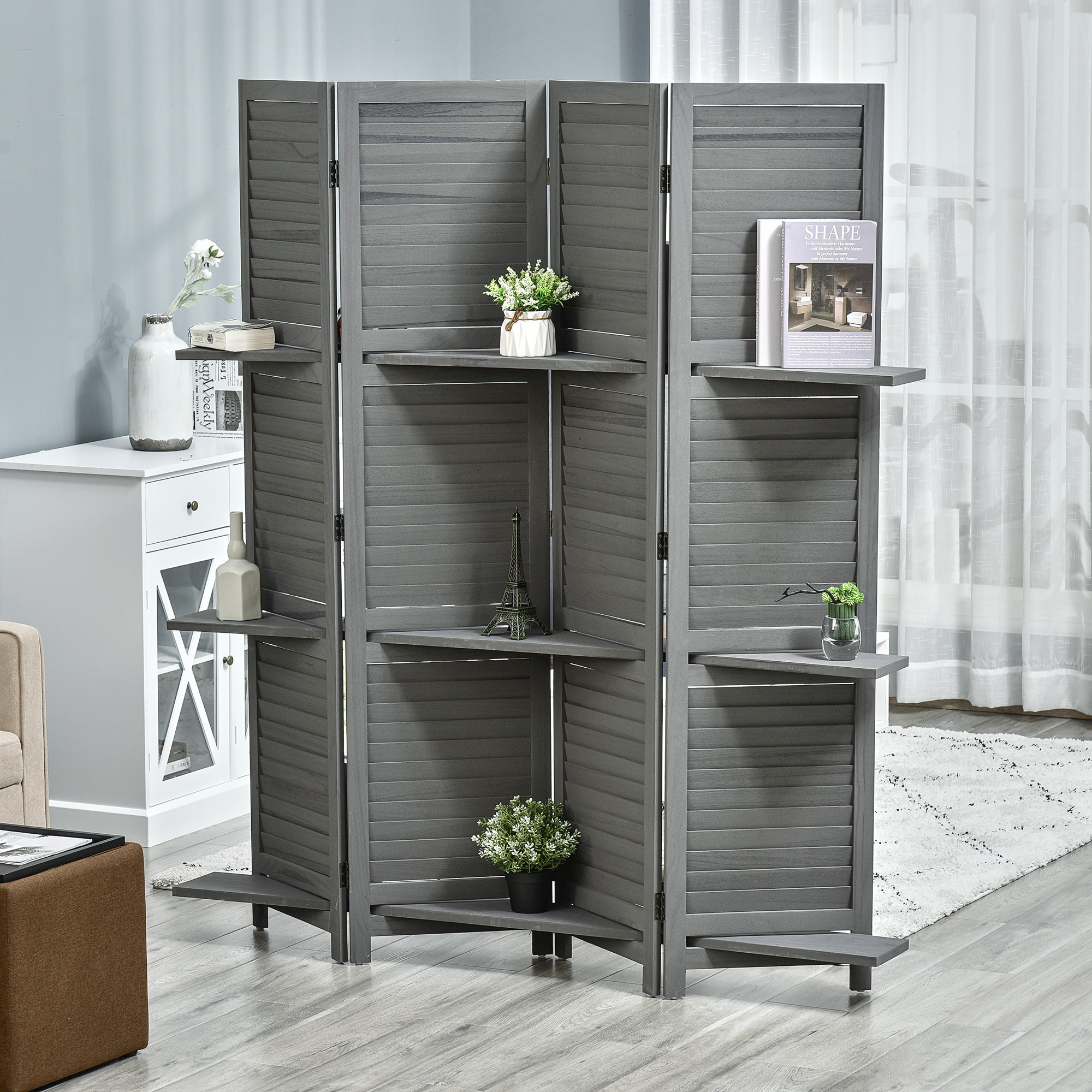 Paravent intérieur 4 panneaux 3 étagères pliables séparateur de pièce portes persiennes bois de paulownia gris