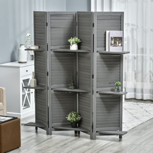 Paravent intérieur 4 panneaux 3 étagères pliables séparateur de pièce portes persiennes bois de paulownia gris