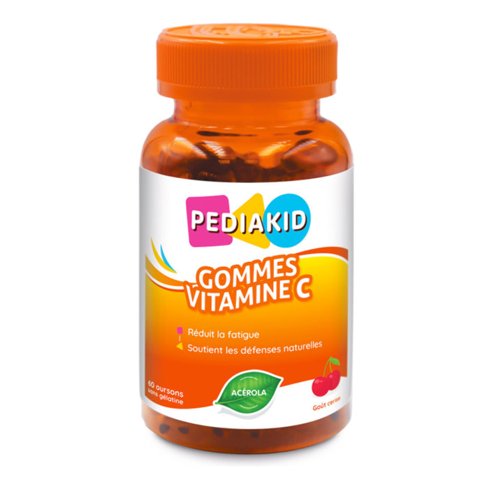 PEDIAKID - Gommes Vitamine C - Formule Naturelle au Délicieux Arôme de Cerise - Contribue à Réduire la Fatigue - Soutient le Métabolisme Énergétique et les Défenses de l'Organisme - 60 gommes