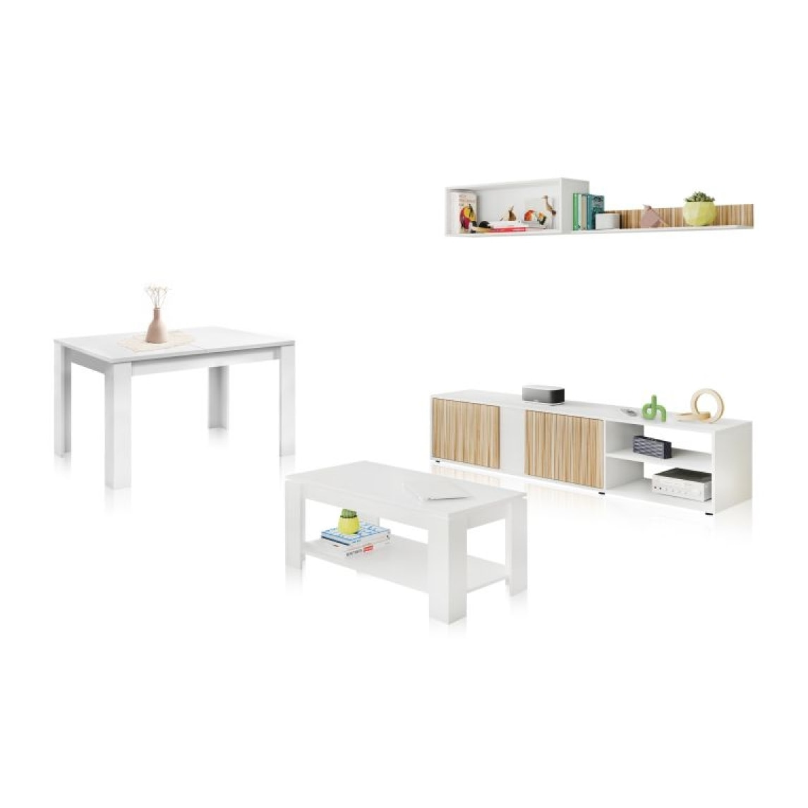 Pack salón con mesa de centro y mesa de comedor Alix Max Blanco Artik (Blanco Mate) - Natur