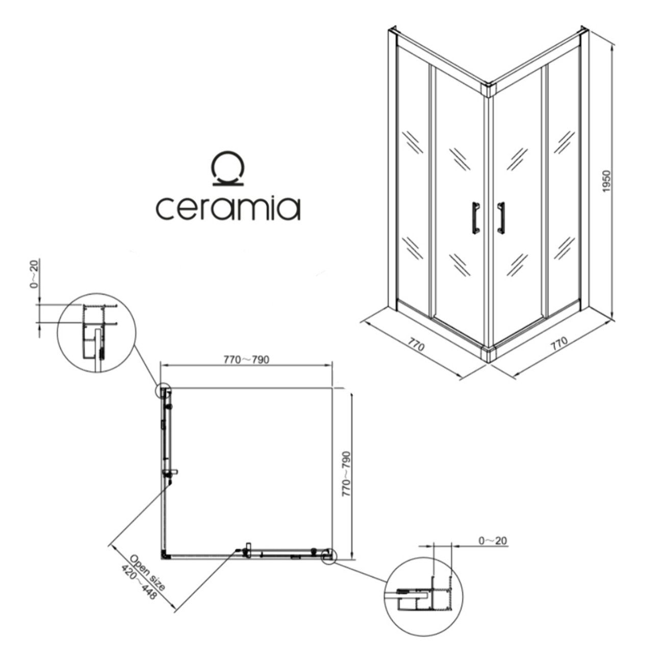 CASCADA Porte de douche 80x80x195cm coulissante anticalcaire avec profilés chrome brillant (CERAHC8080C)